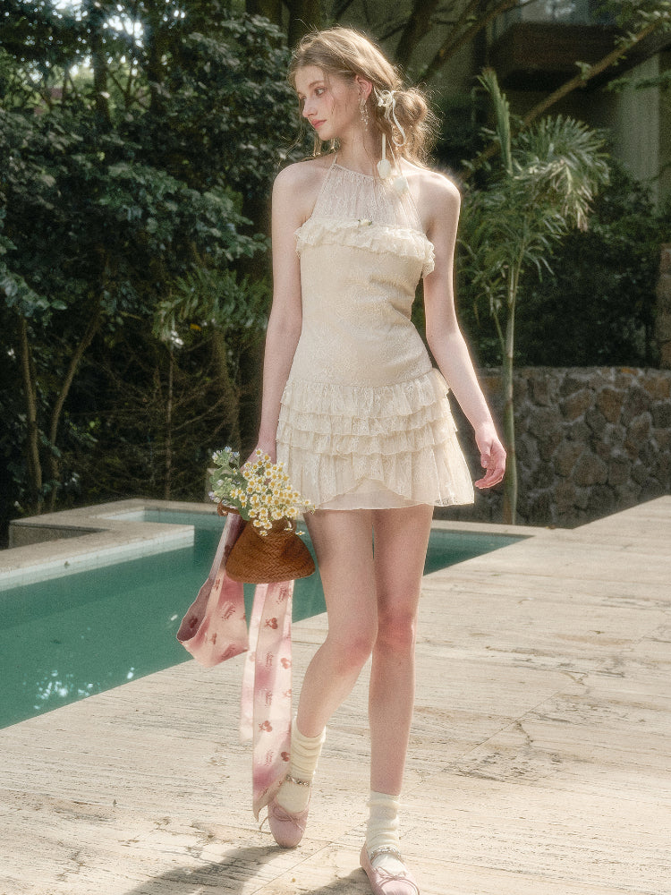 Light White Lace Halter Neck Slip Short Dress