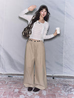 Khaki Pleated Wide Leg Trousers