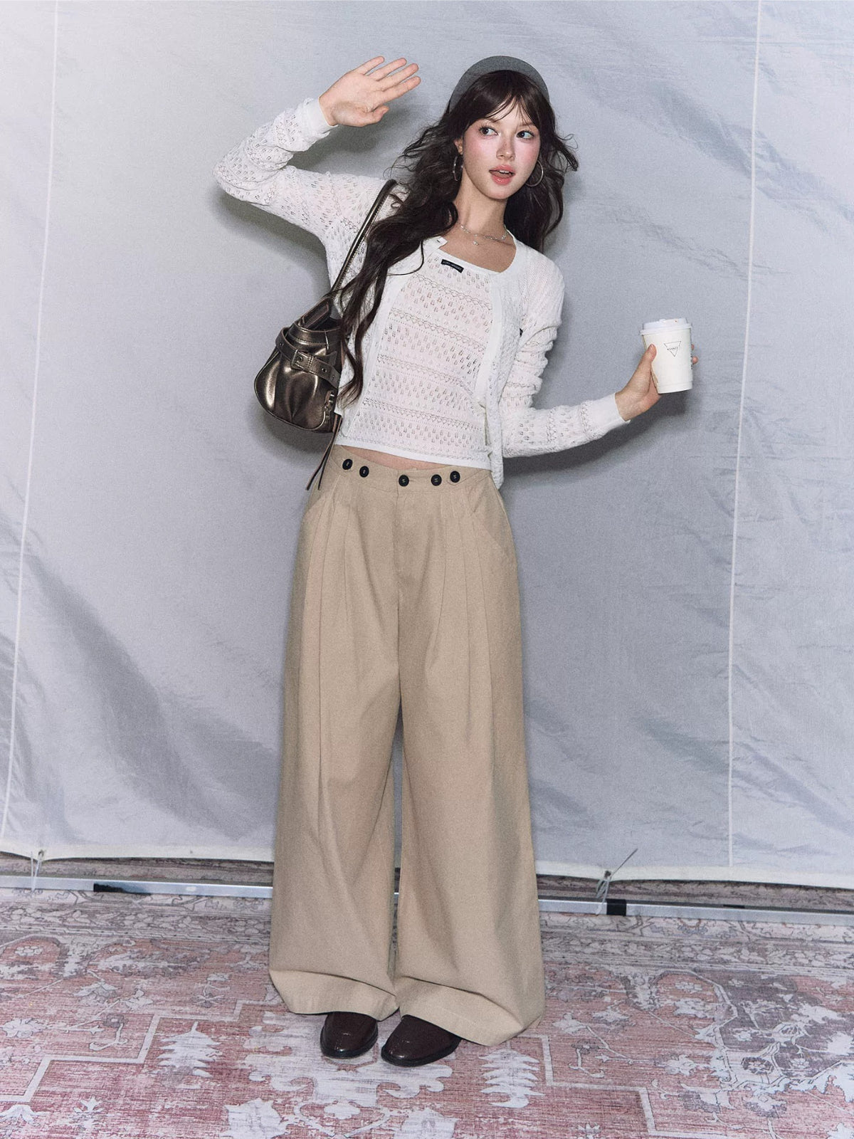 Khaki Pleated Wide Leg Trousers