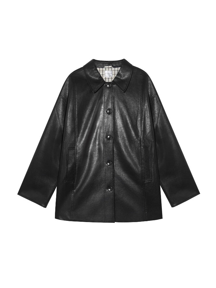 Black H-shaped Cuff Checkered Spliced Leather Jacket