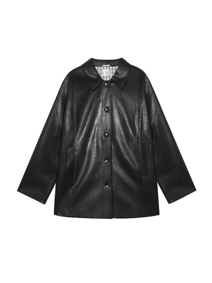 Black H-shaped Cuff Checkered Spliced Leather Jacket