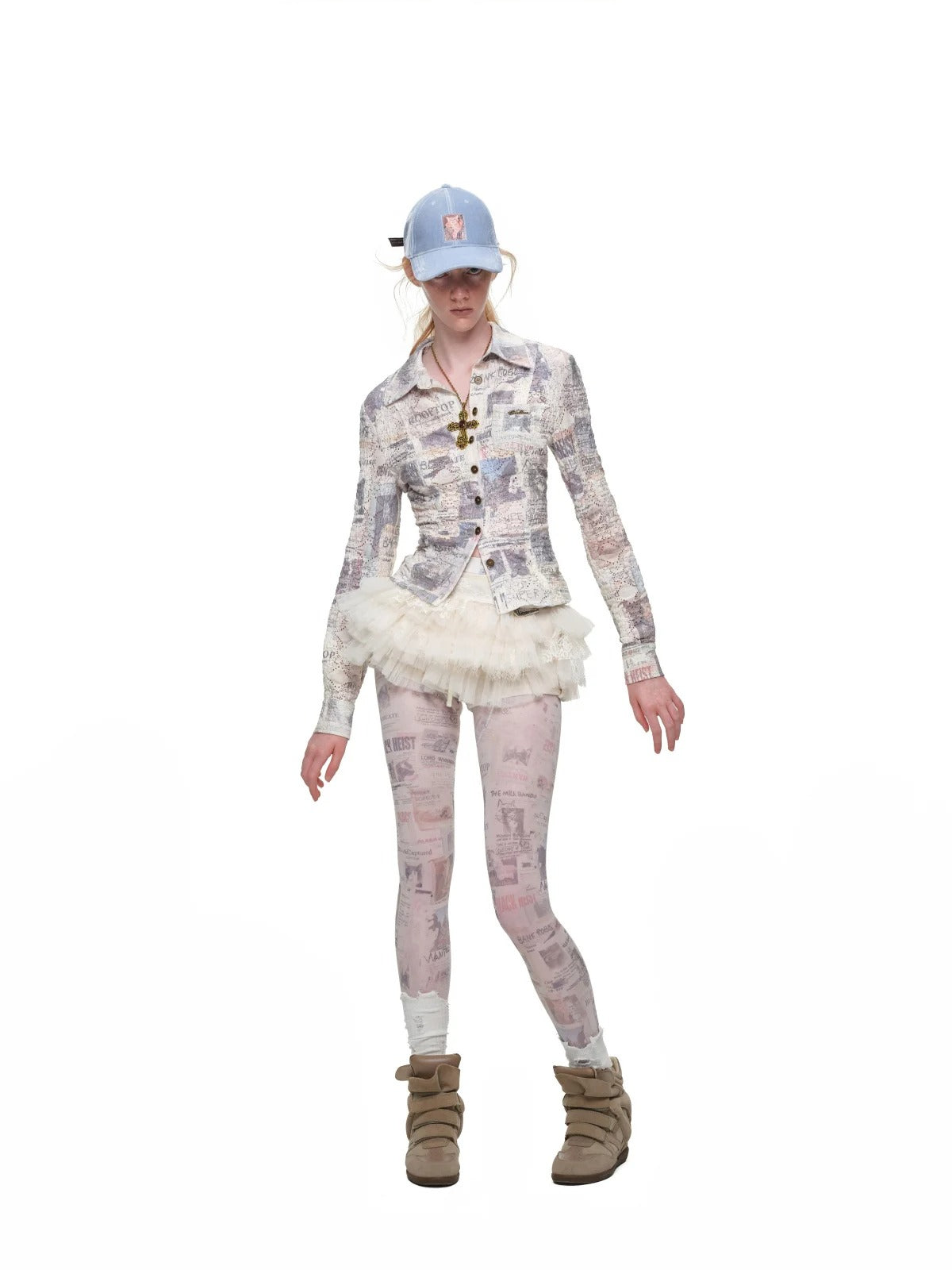 Cat Newspaper Print Lace Shirt