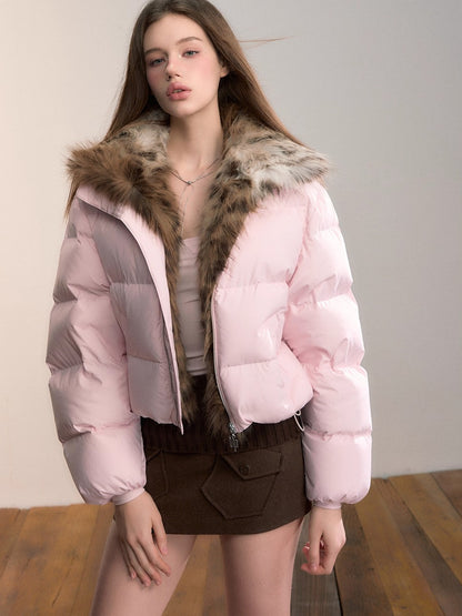 Colorblock Detachable Fur Down Jacket