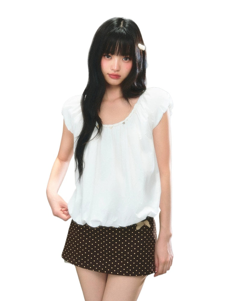 White Puff Sleeve U-neck Top