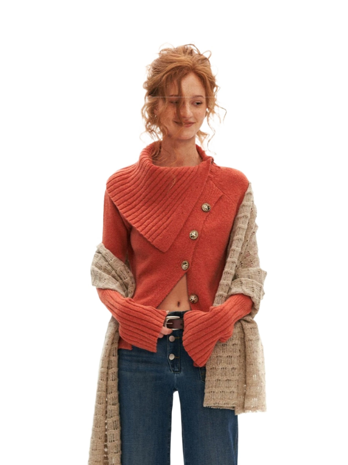 Asymmetrical High Neck Fitted Knit Cardigan