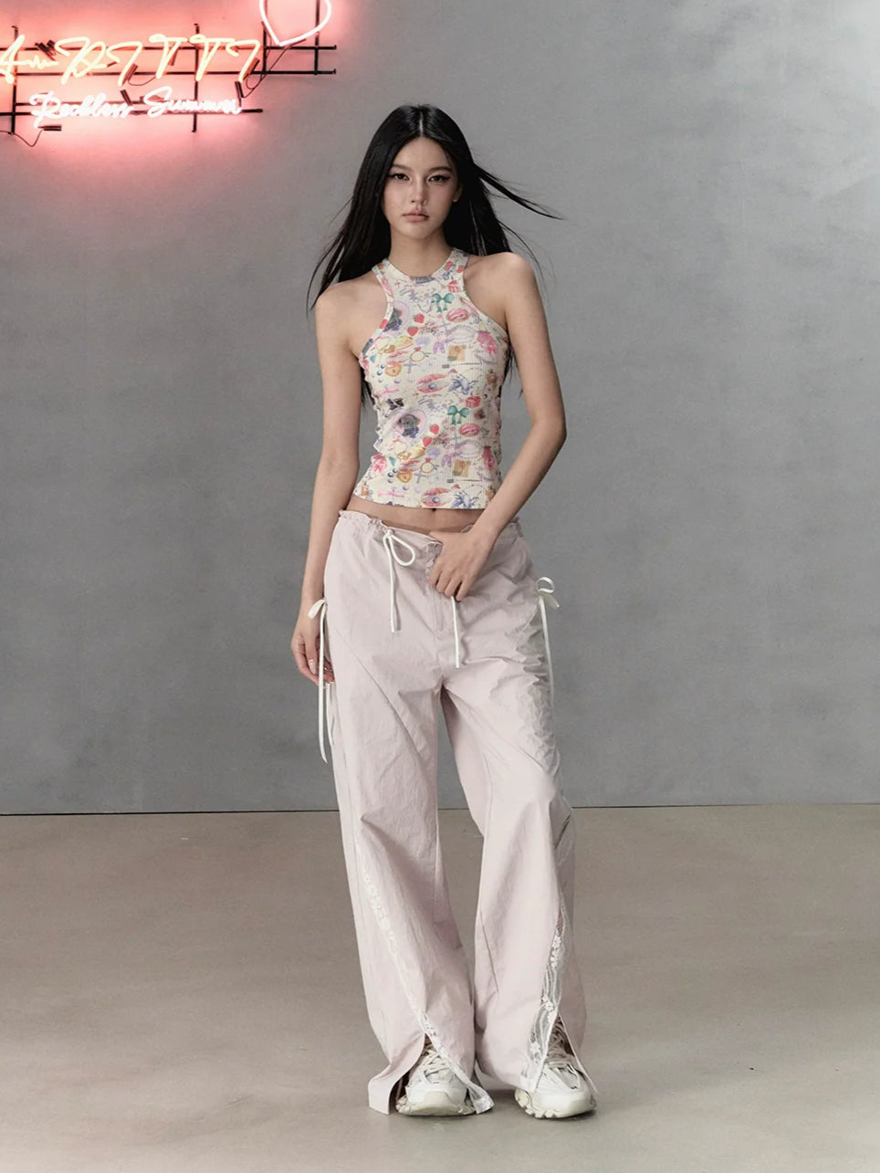 Pink Lace Patchwork Casual Cargo Pants