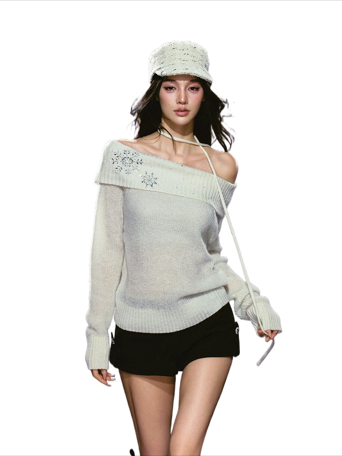 Snowflake Rhinestone Off-Shoulder Sweater