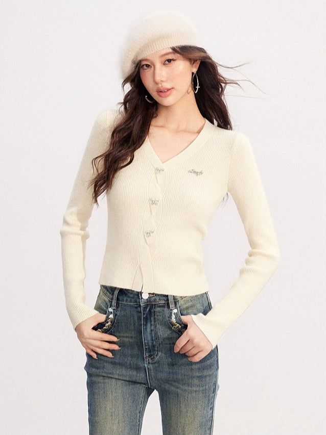 V-neck Shiny Yarn Knit Base Layer