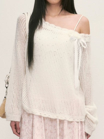 White Lace Knit Blouse &amp; Skirt Set