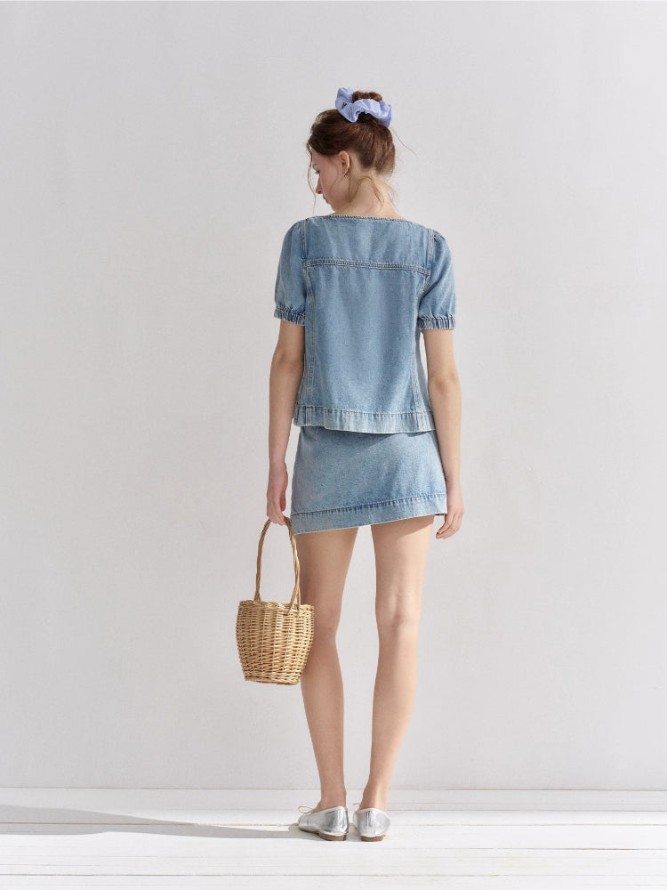 Embroidered Floral Denim Top &amp; Skort Set