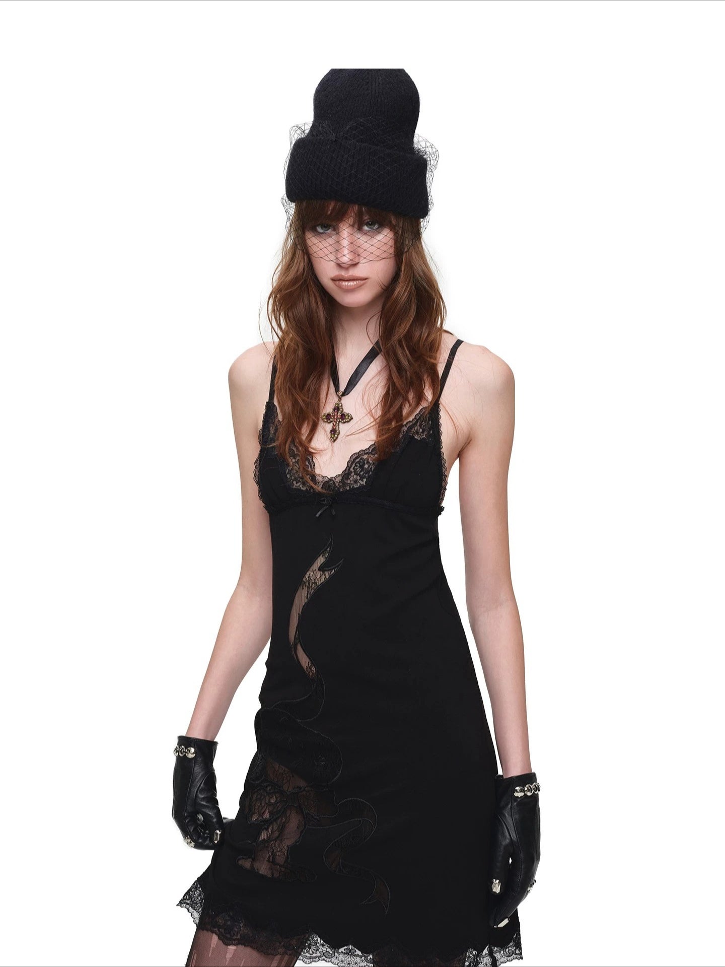 Black Lace Patch Knit Dress