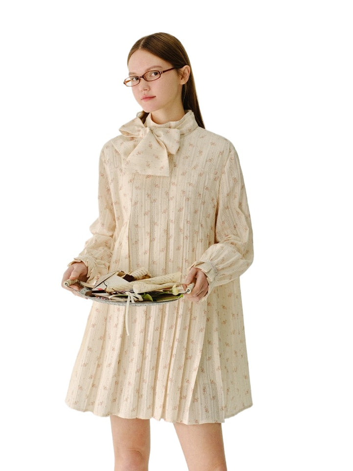 Pleated Floral Tie-Neck Lantern-Sleeve Mini Dress
