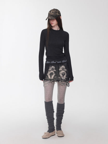 Basic Letter Print Semi-Sheer Long Sleeve Tee