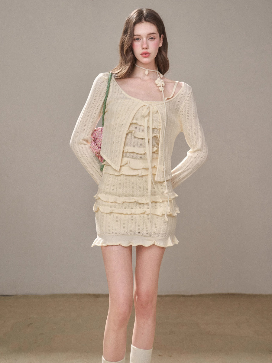 Hollow Out Cream Knit 3-Piece Set
