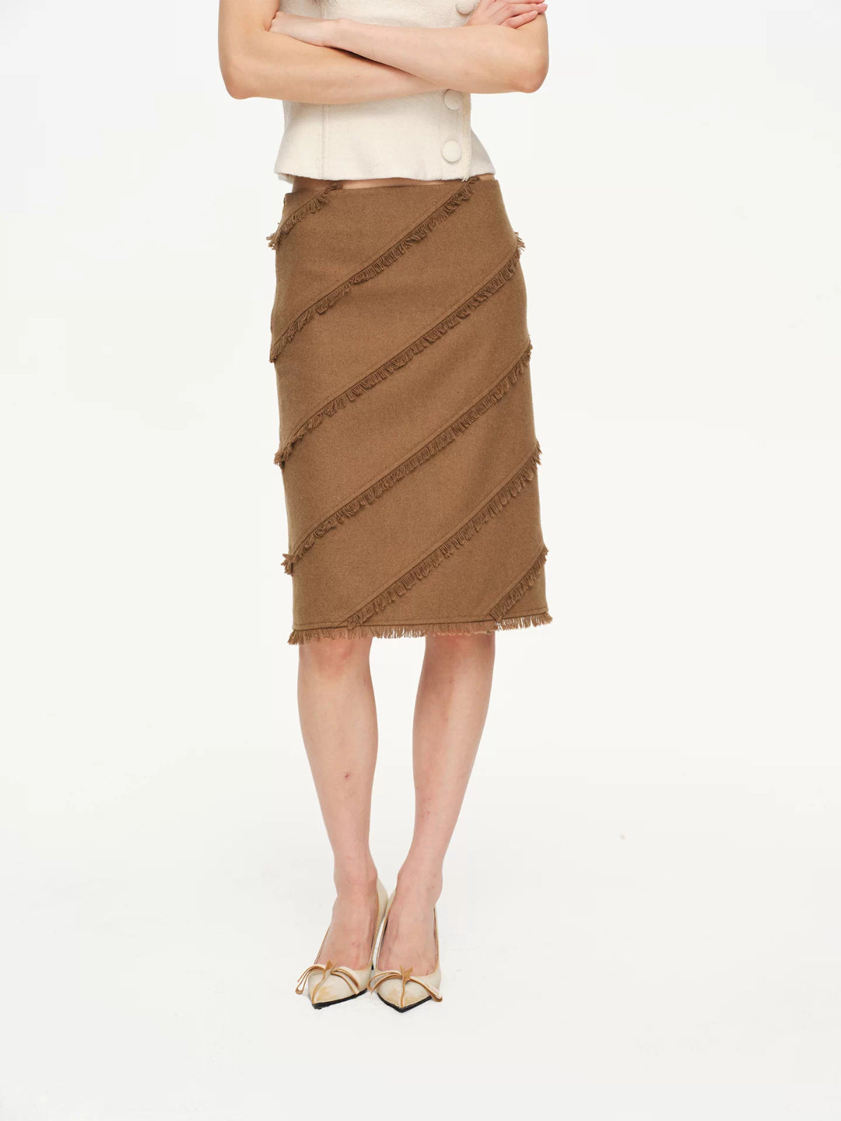 Asymmetric Fringed Wool Blend Skirt