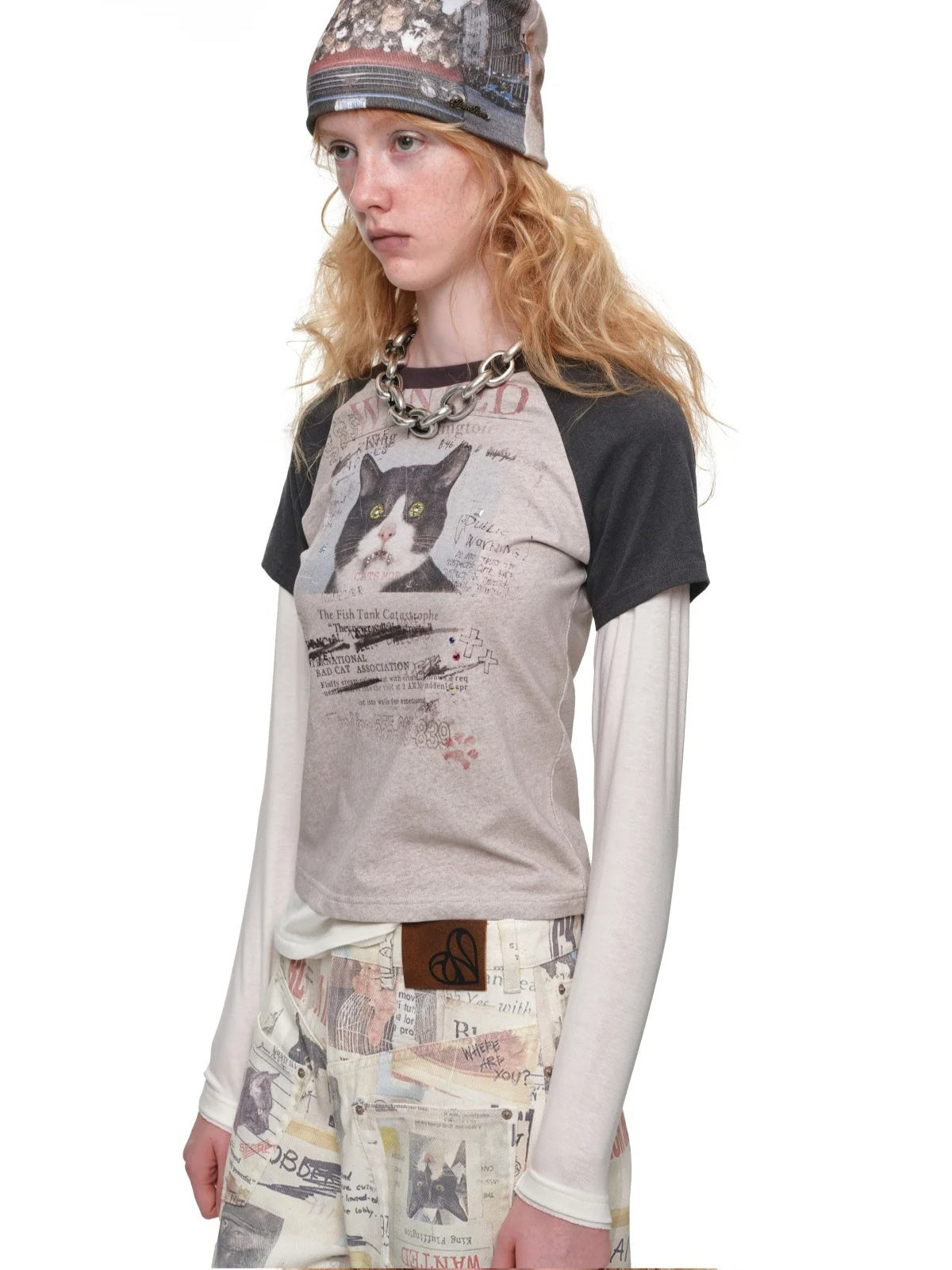 Cat Print Layered Raglan Top