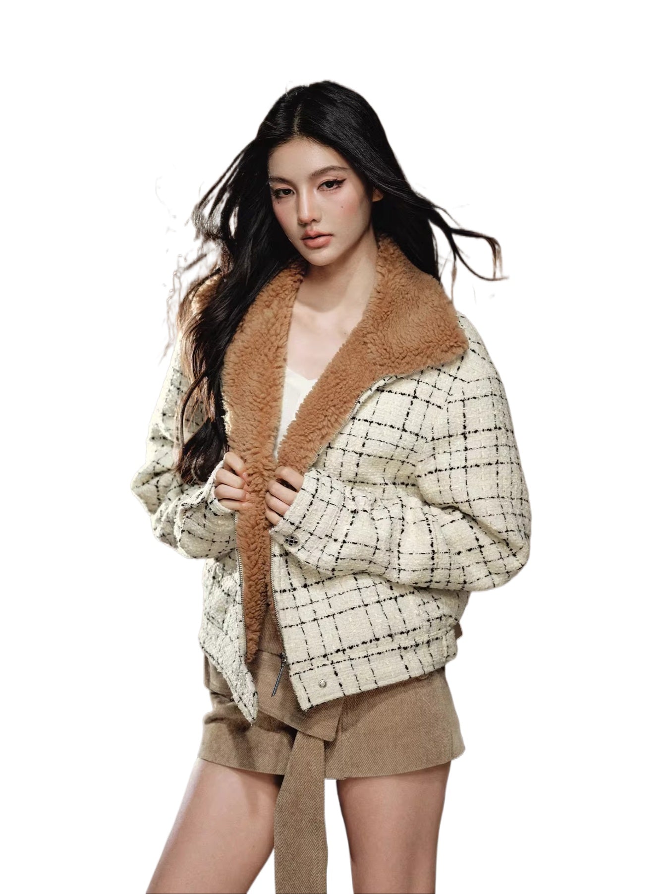 Wool Tweed Faux-Shearling Collar Quilted Jacket