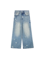 Washed Distressed Wide-Leg Jeans