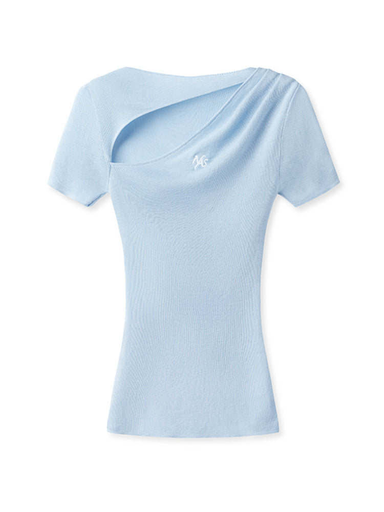 Diagonal Open Hollow-out Asymmetric Regular Shoulder T-Shirt