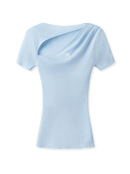 Diagonal Open Hollow-out Asymmetric Regular Shoulder T-Shirt