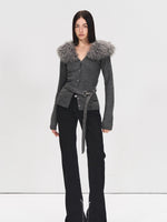 Detachable Fur Collar Suede Belted Cardigan