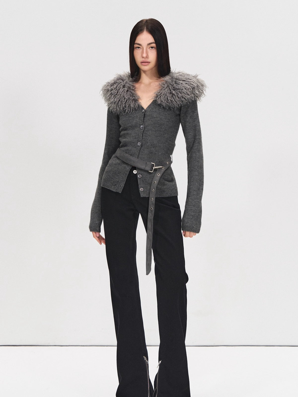 Detachable Fur Collar Suede Belted Cardigan