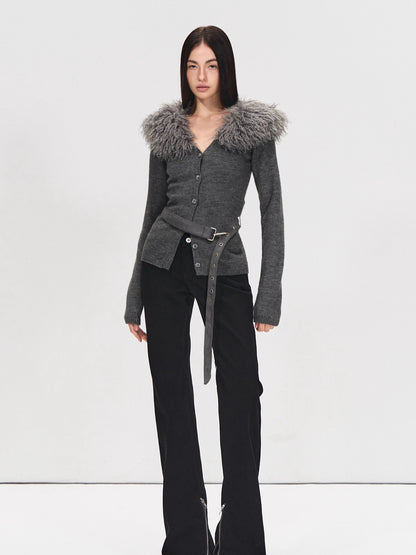 Detachable Fur Collar Suede Belted Cardigan