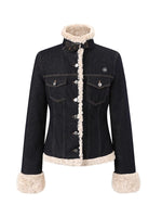 Denim Panel Fur-Trim Down Jacket