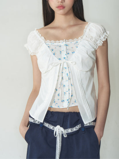 Fake Two-Piece Floral Lace Shirt Top