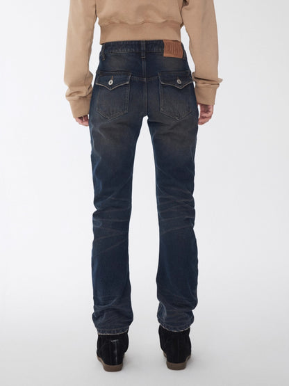 Vintage Pleated Washed Denim Curved Jeans