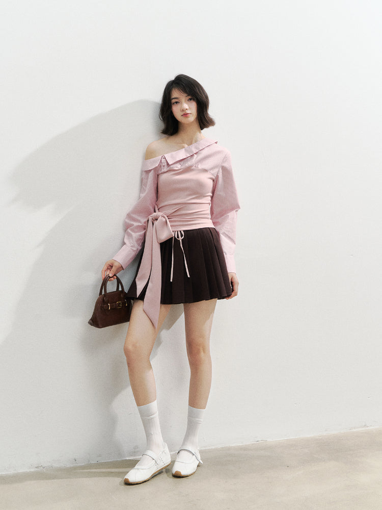 Asymmetric Shoulder Fake Two-Piece Striped Patchwork Shirt