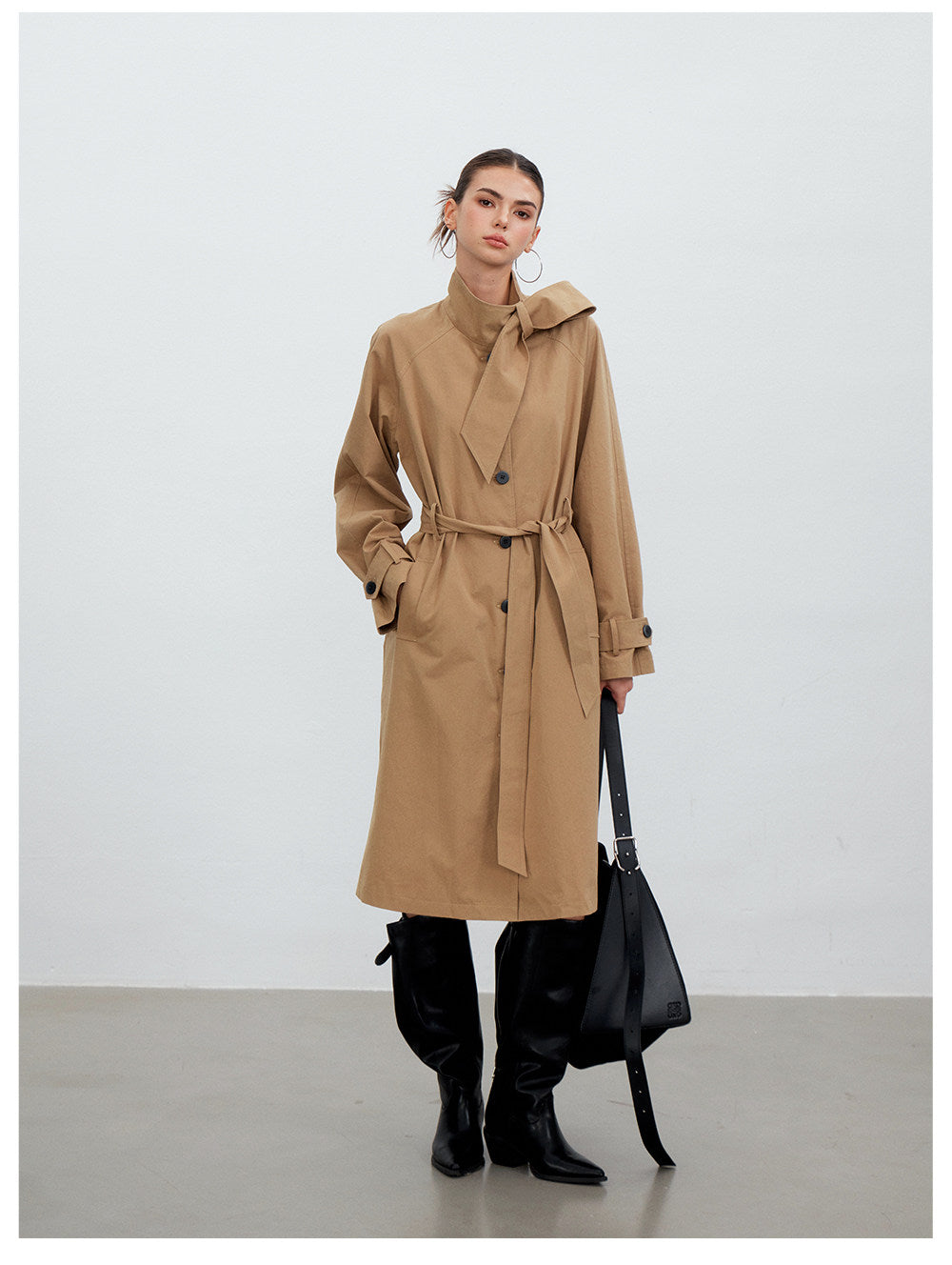 Khaki Stand Collar Belted Trench Coat