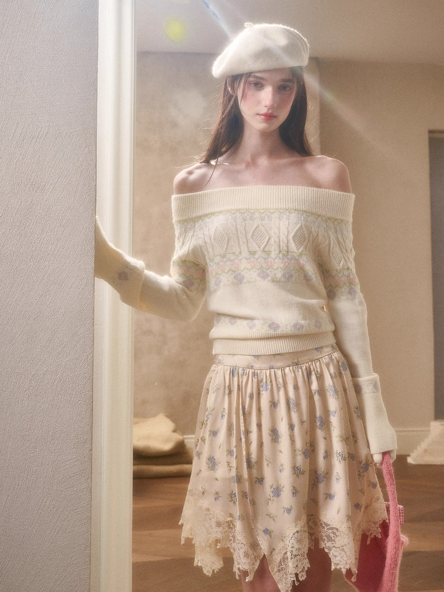 Cosagach Fair Isle Knit Crewneck &amp; Floral Skirt Set