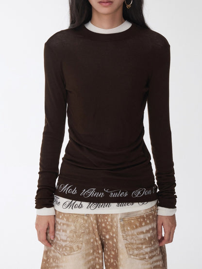 Basic Letter Print Semi-Sheer Long Sleeve Tee