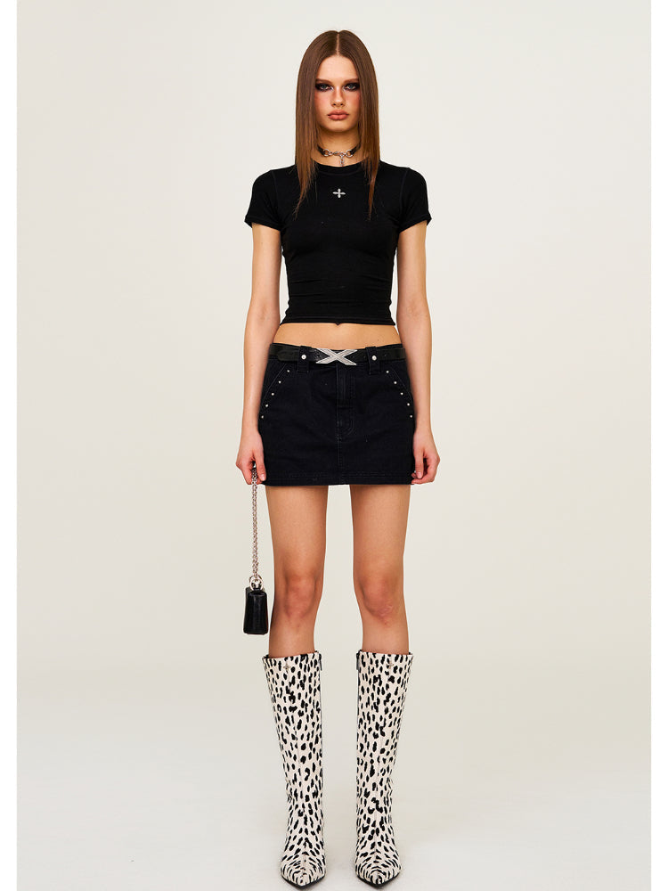 Leopard Print Mid - High Waist Rivet Midi Skirt