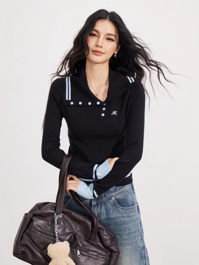 Black Asymmetric Colorblock Button-up Sweater