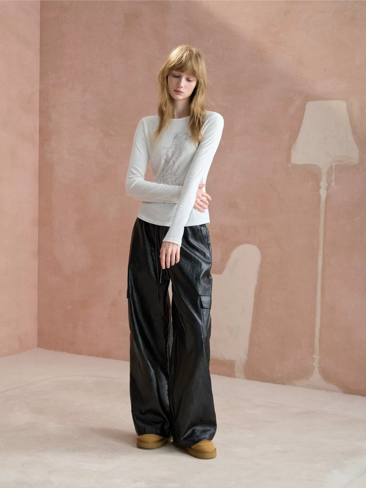 Double Waist Faux Leather Pants