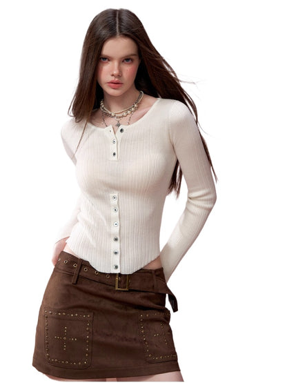 Ribbed Button Waist Knit T-shirt