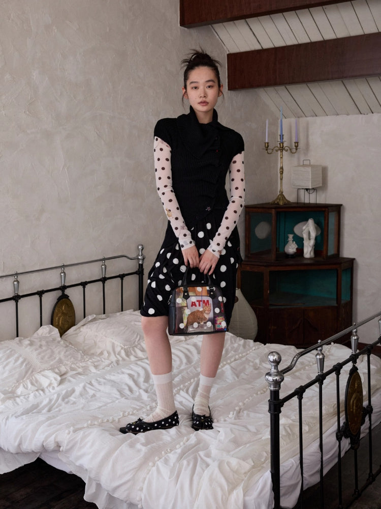 Polka Dot Contrast-Knot Bubble Midi Skirt