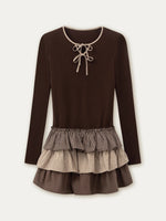 Brown & White Knit Plaid Tiered Dress