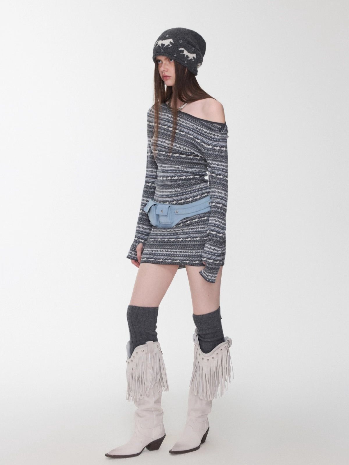 Fair Isle Off-Shoulder Jacquard Knit Dress