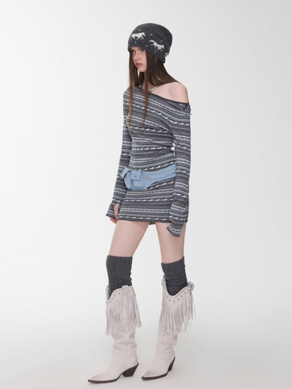 Fair Isle Off-Shoulder Jacquard Knit Dress