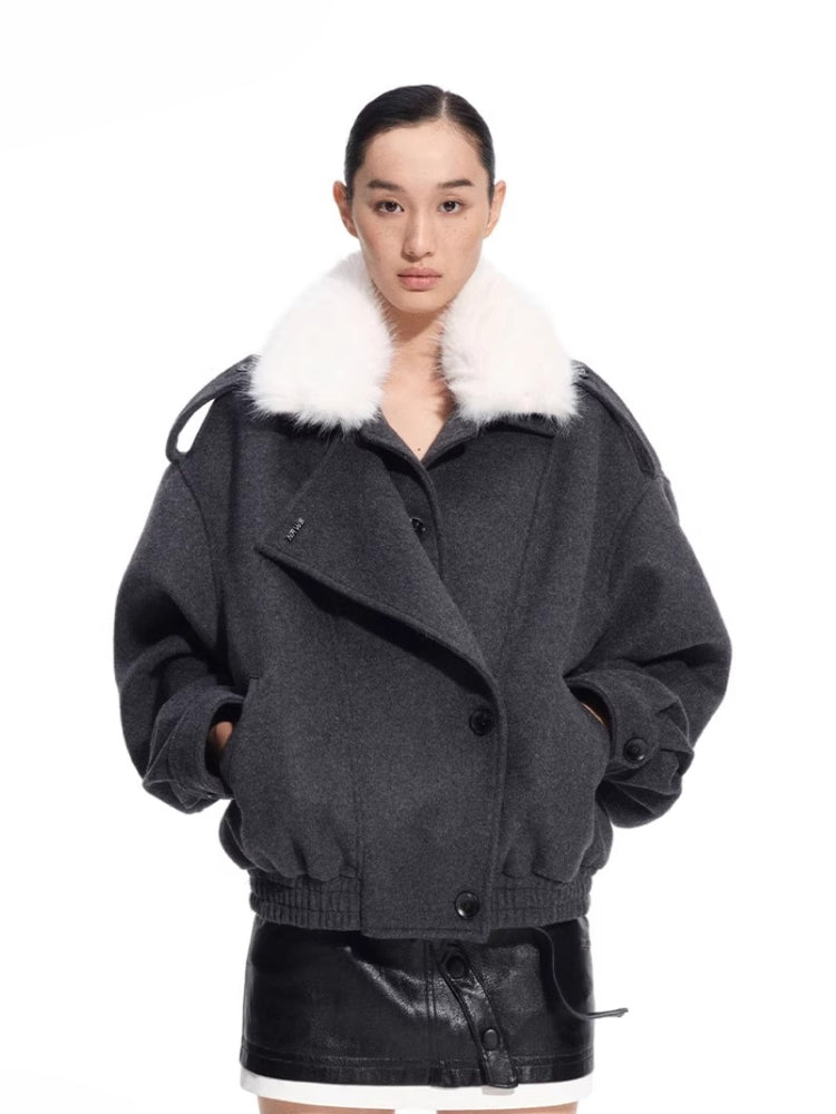 Faux Fox Fur Wool-Blend Aviator Jacket