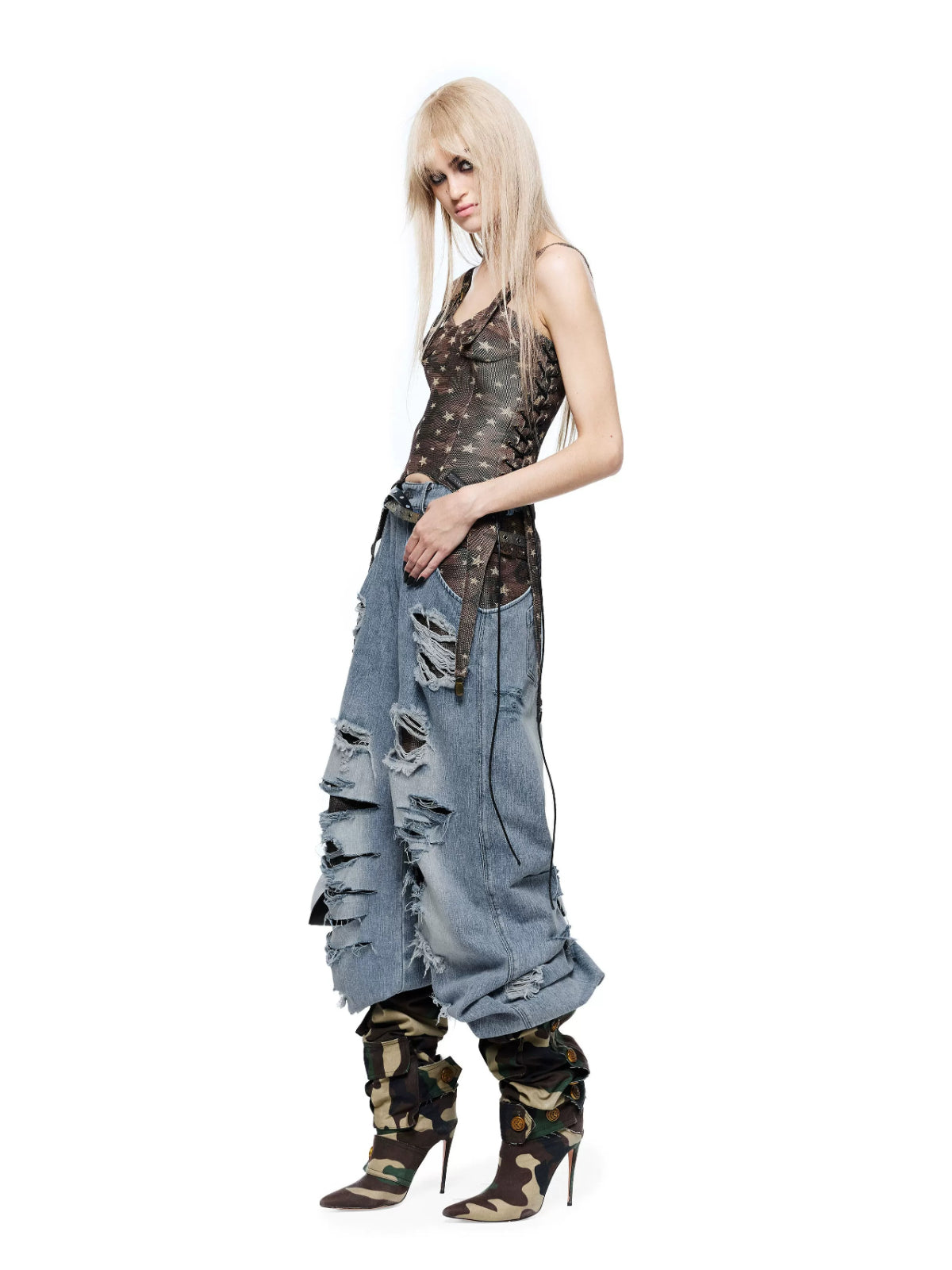 Distressed Patchwork Wide Leg Jeans