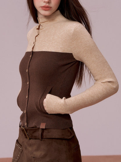 Color-Block High Neck Knit Top &amp; Fringe Cape Set