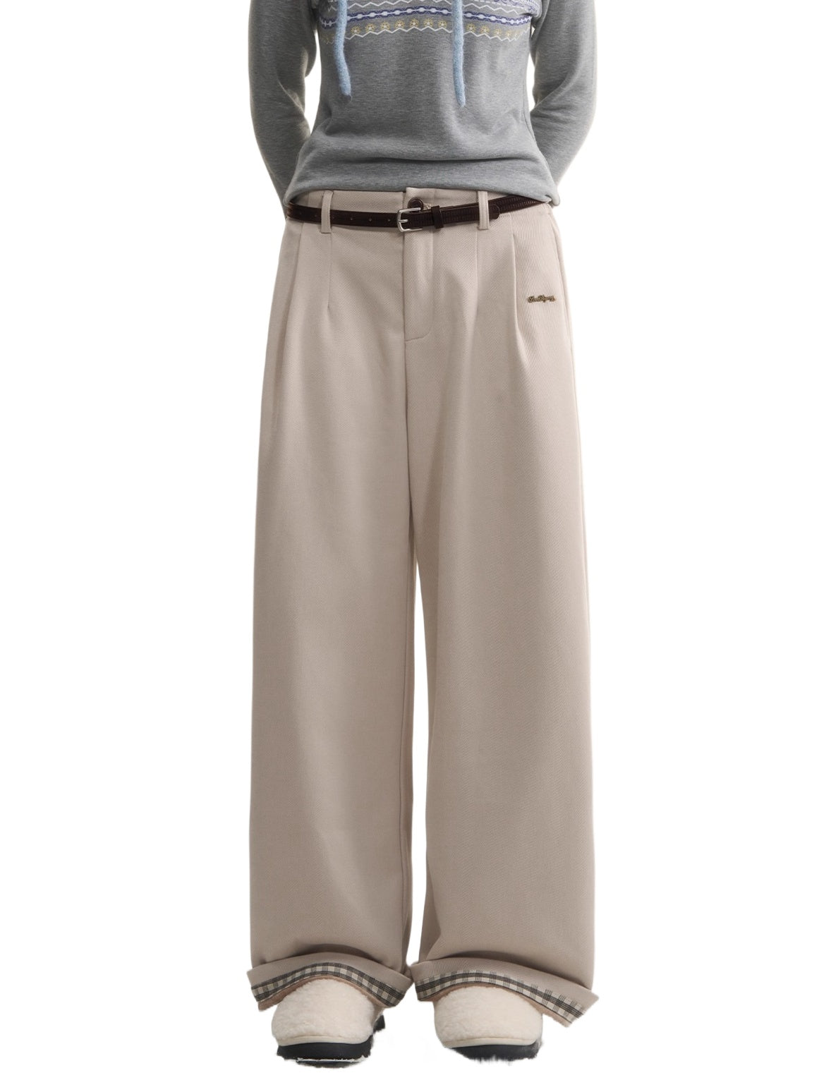 Plaid Fleece-Lined Wide-Leg Pants