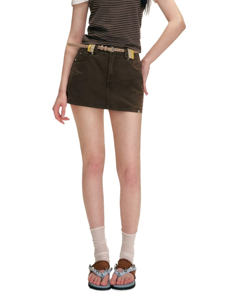 Brown Contrast Waist Denim Skirt