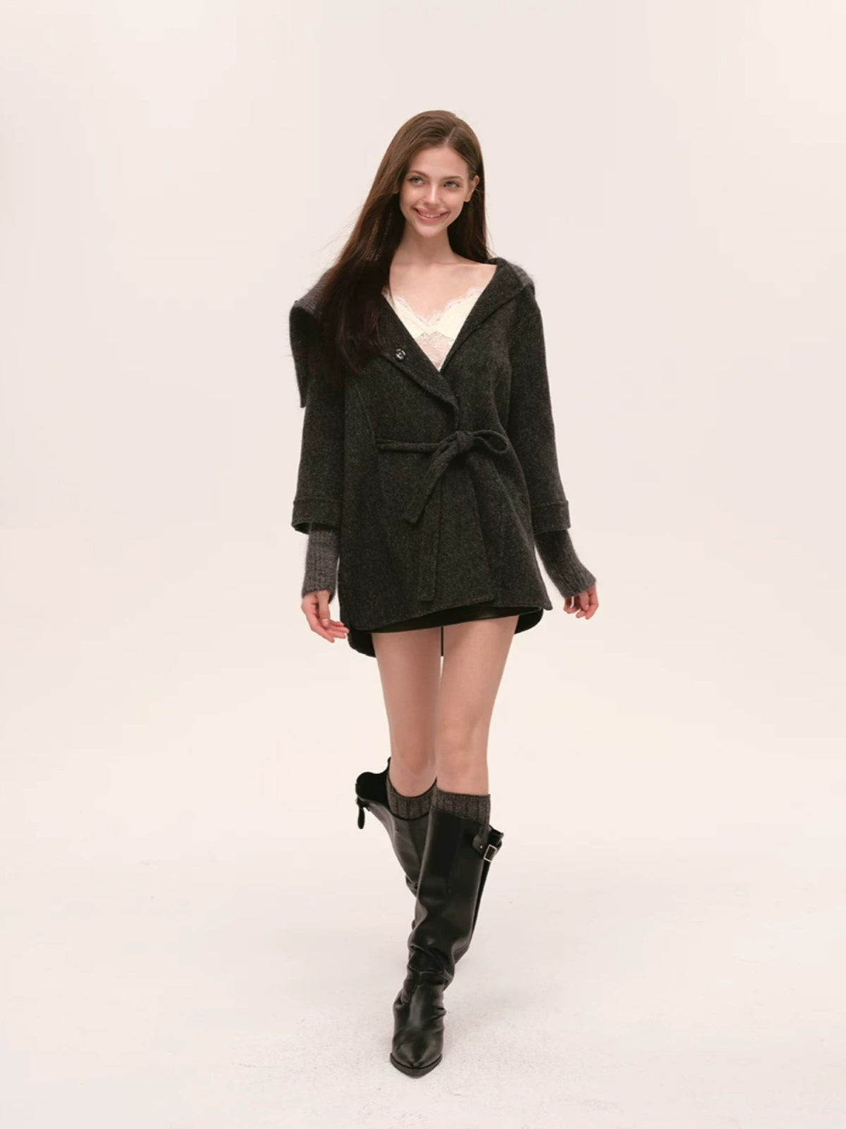 Asymmetric Collar Belted Wool Coat