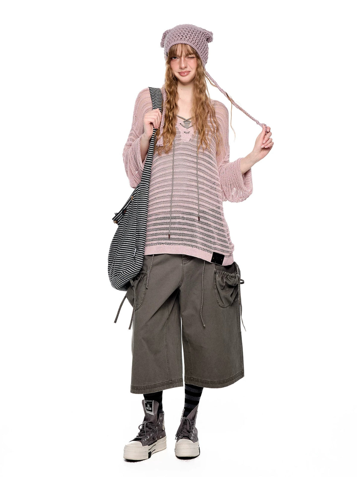 Striped Lace-Up Henley Top