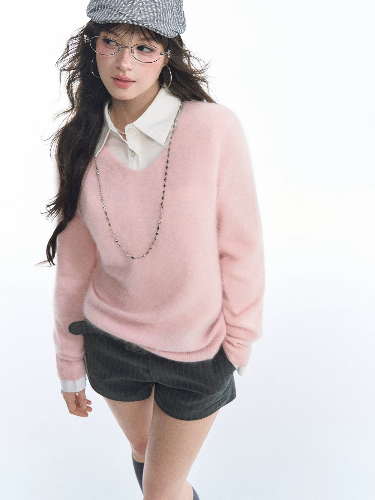 Seamless V Neck Silk Wool Sweater